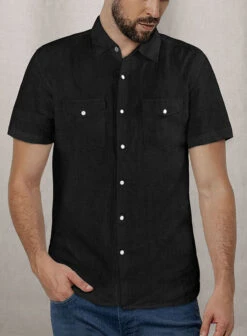 European Black Linen Western Style Shirt -Men's Clothing Shop europeanblklinenwesternstyleshirtlook 1