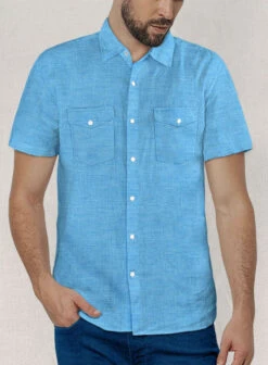 European Blue Linen Western Style Shirt -Men's Clothing Shop europnbluelinenweststyleshirtlk 1