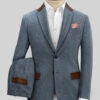 Vintage Herringbone Blue Tweed Suit - Leather Trims -Men's Clothing Shop vintblueherringleathsuitlook