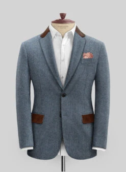 Vintage Herringbone Blue Tweed Suit - Leather Trims -Men's Clothing Shop vintblueherringleathsuitlook 2